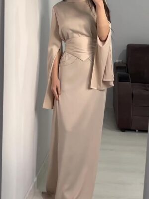 Court Style Satin Waist Slimming Temperament Half High Neck Long Sleeve Dress-2