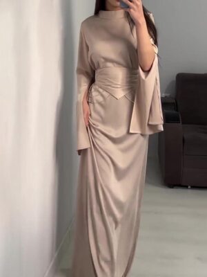 Court Style Satin Waist Slimming Temperament Half High Neck Long Sleeve Dress