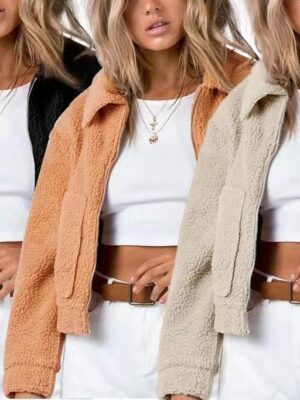 Solid Color Lambswool Lapel Zipper Women's Urban Casual Short Pocket Long Sleeve Jacket