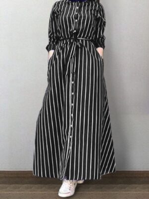 Long Dresses Casual Temperament Women's Striped Blouse Robe-2